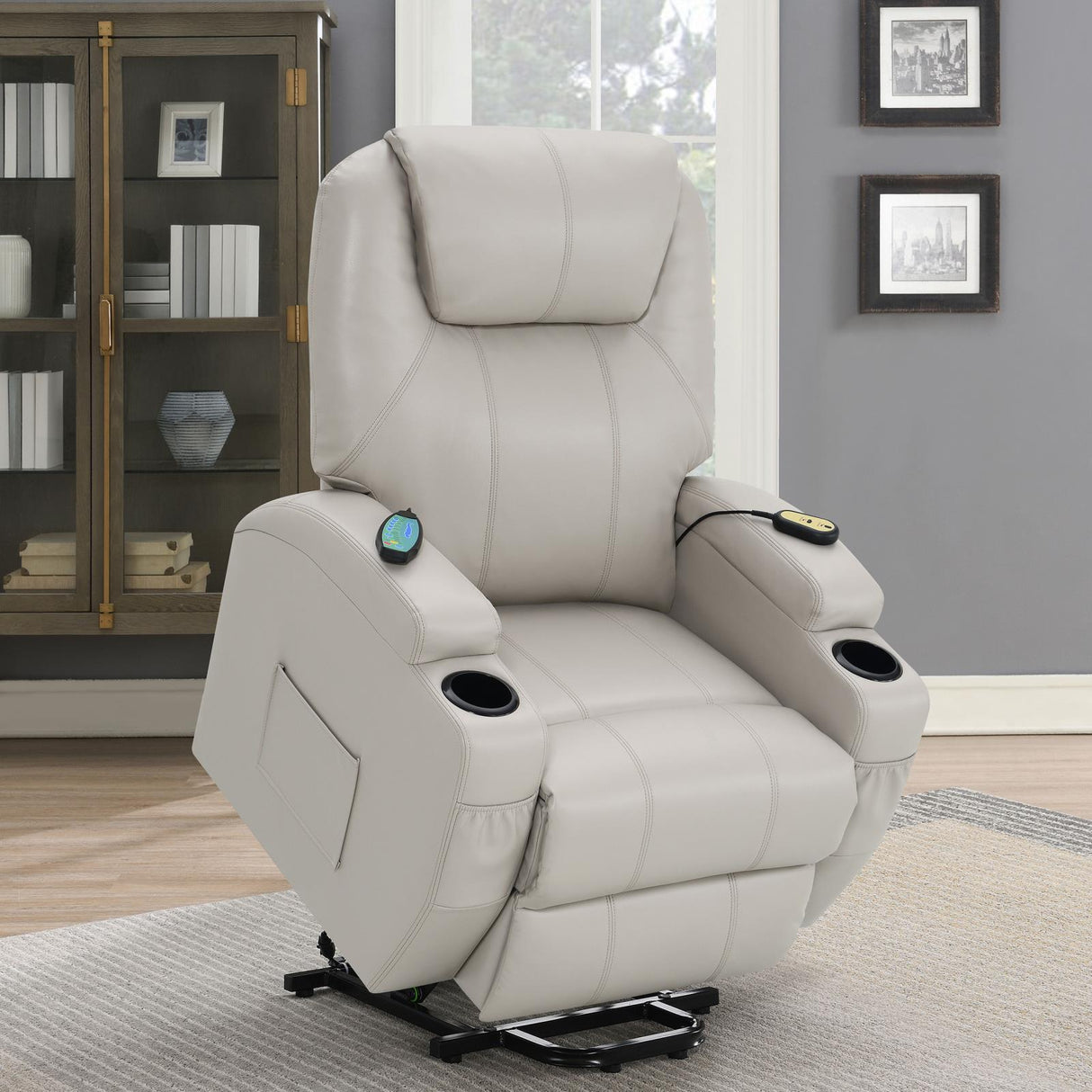 Sanger Upholstered Power Lift Recliner Chair with Massage Champagne - 600497P - Luna Furniture