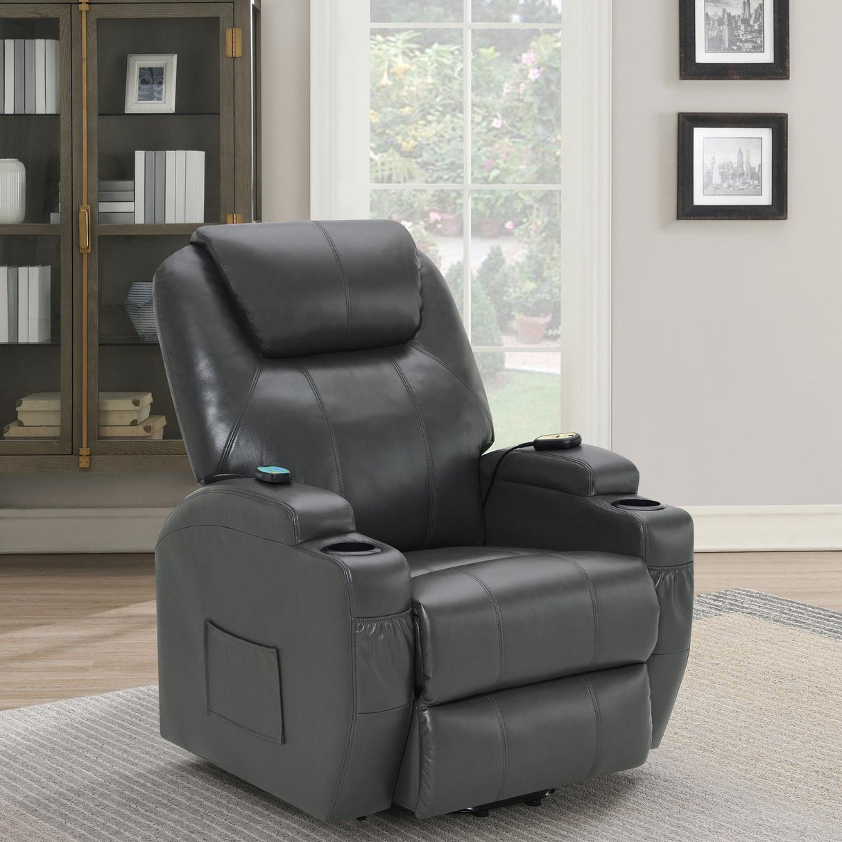 Sanger Upholstered Power Lift Recliner Chair with Massage Charcoal Grey - 600498P - Luna Furniture