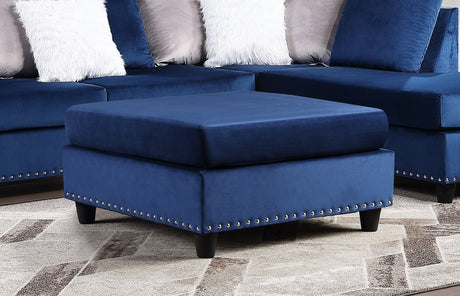 SH3187BLU-4 OTTOMAN W/BLUE VELVET W/NAILHEADS - Luna Furniture