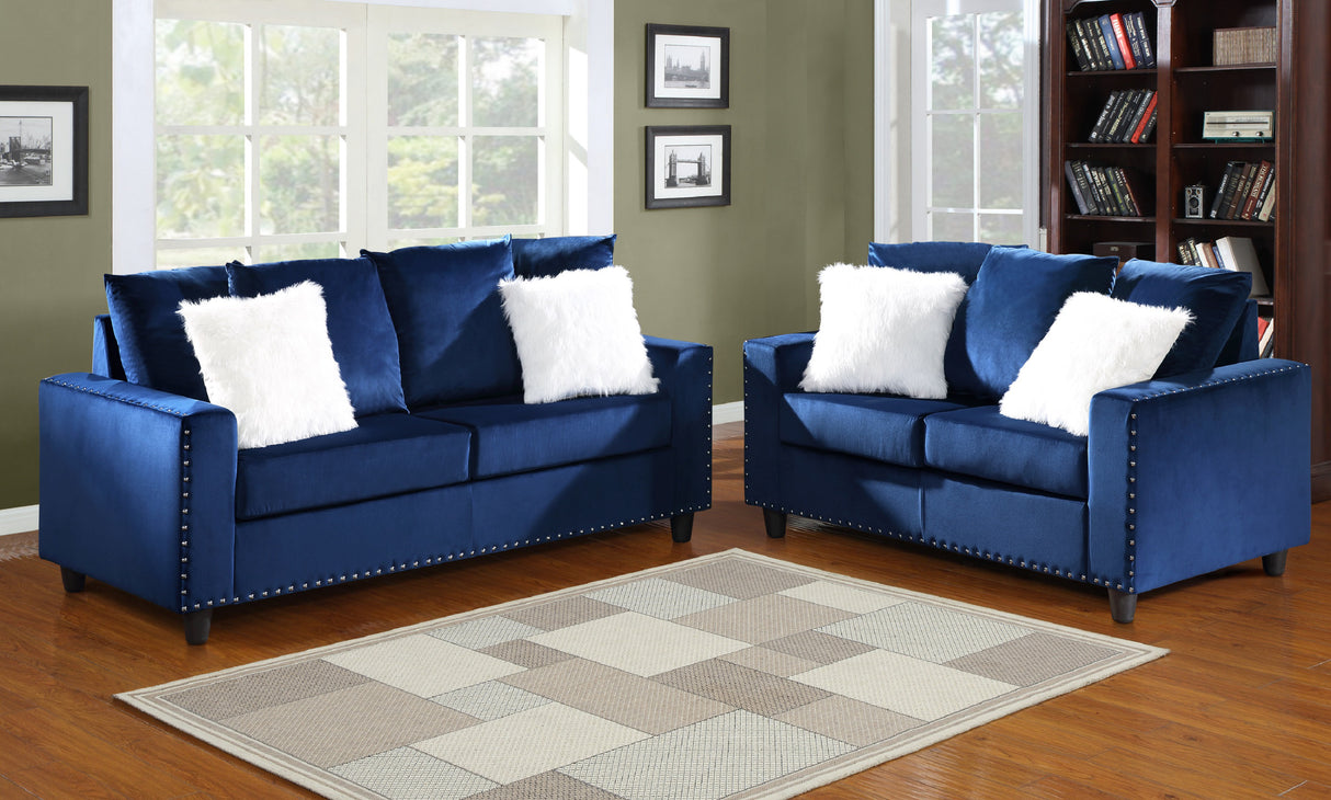 SH3189BLU-2 LOVE SEAT W/BLUE VELVET W/2 PILLOW - Luna Furniture