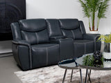 Sloane Upholstered Motion Reclining Loveseat with Console Blue from Coaster - Luna Furniture