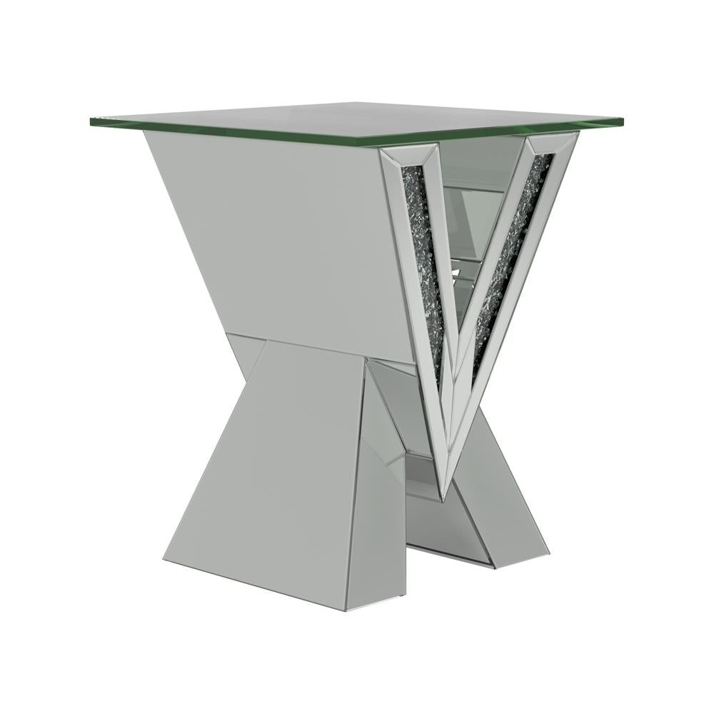 Taffeta V-Shaped End Table with Glass Top Silver from Coaster - Luna Furniture