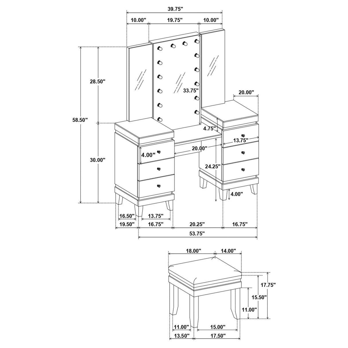 Talei 6-drawer Vanity Set with Hollywood Lighting Black and White from Coaster - Luna Furniture