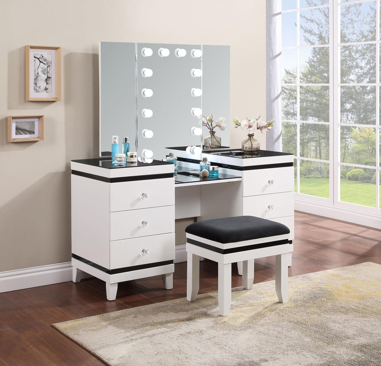 Talei 6-drawer Vanity Set with Hollywood Lighting Black and White from Coaster - Luna Furniture