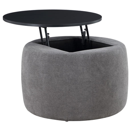 Tesoro Upholstered Round Lift Top Storage Ottoman Grey and Black from Coaster - Luna Furniture