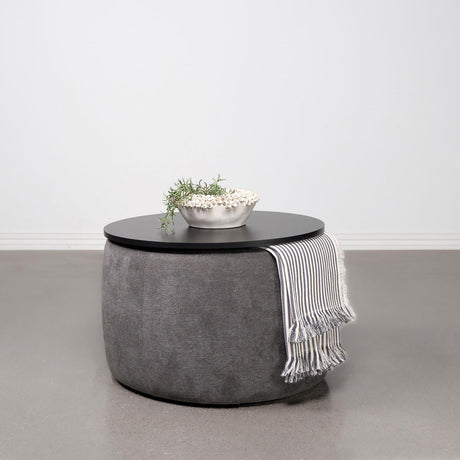 Tesoro Upholstered Round Lift Top Storage Ottoman Grey and Black from Coaster - Luna Furniture