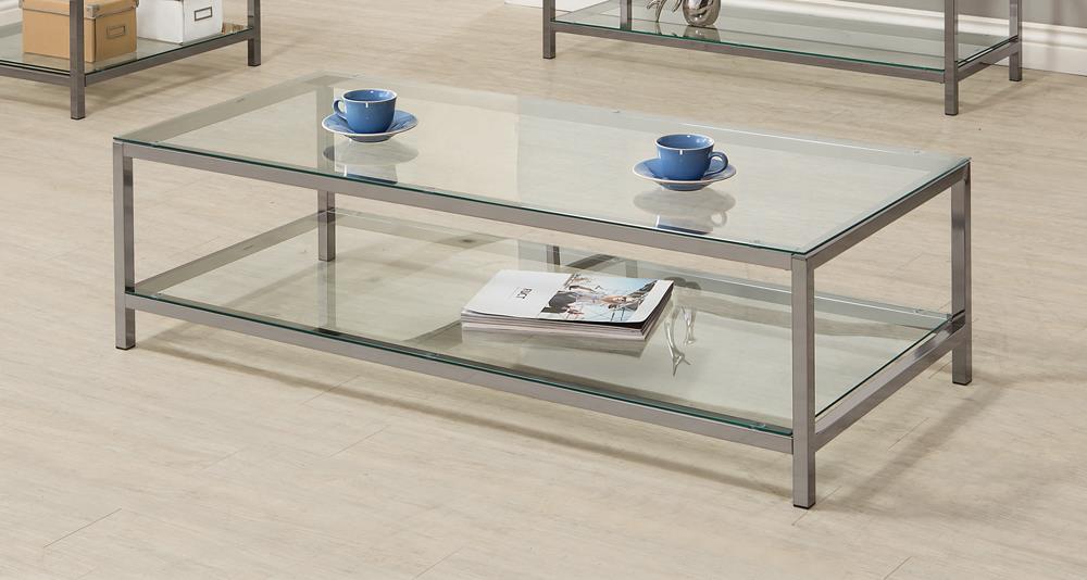 Trini Black Nickel Coffee Table with Glass Shelf from Coaster - Luna Furniture