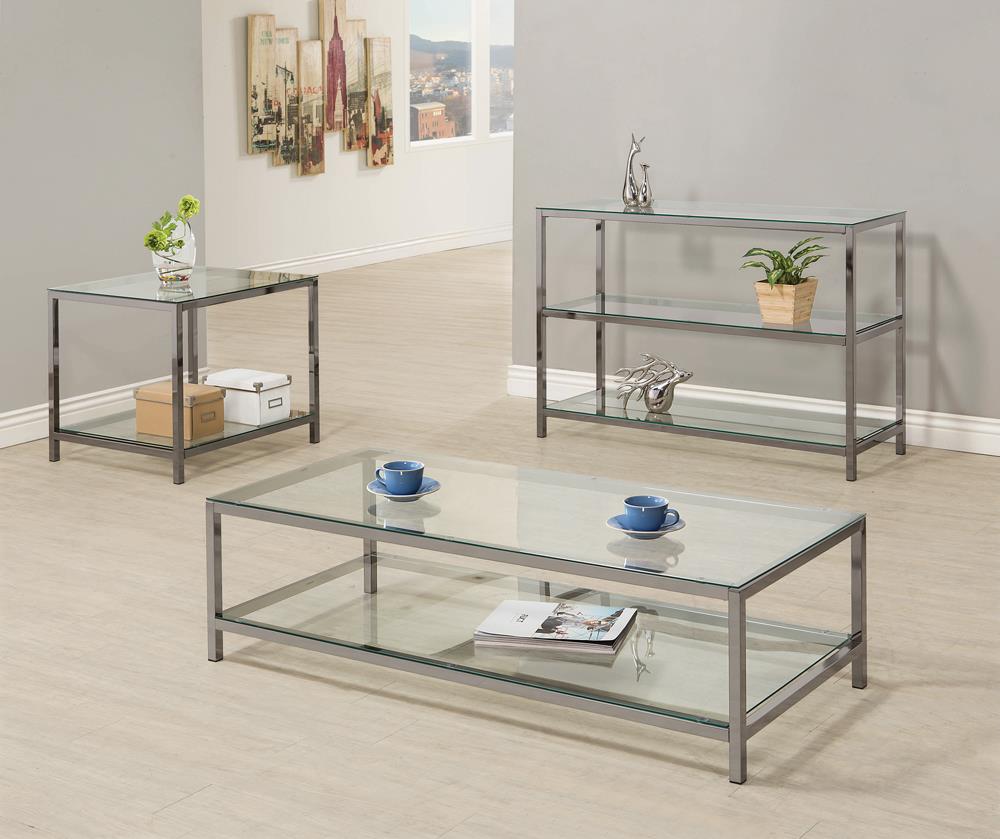 Trini Sofa Table with Glass Shelf Black Nickel from Coaster - Luna Furniture