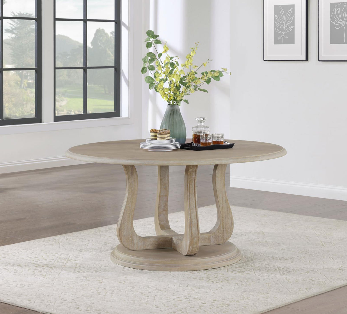 Trofello Round Dining Table with Curved Pedestal Base White Washed - 123120 - Luna Furniture