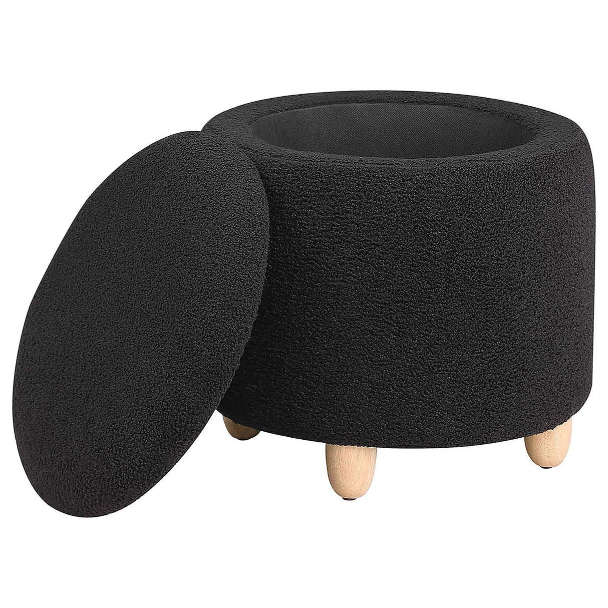 Valia Faux Sheepskin Upholstered Round Storage Ottoman Black from Coaster - Luna Furniture