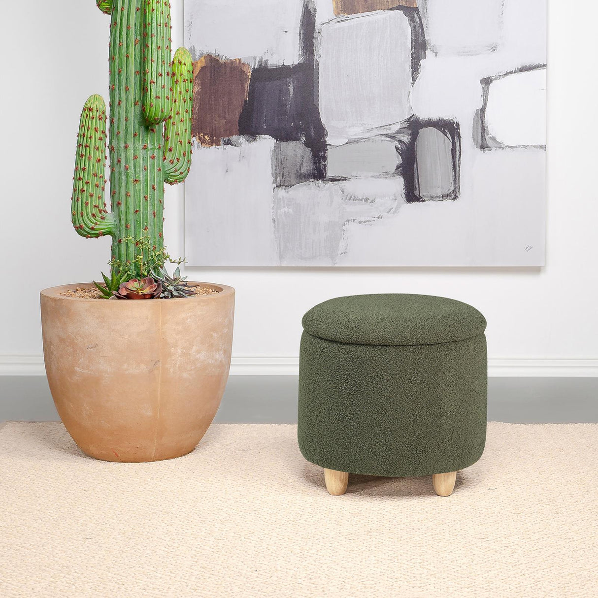 Valia Faux Sheepskin Upholstered Round Storage Ottoman Green from Coaster - Luna Furniture