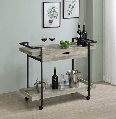 Ventura 2-tier Bar Cart with Storage Drawer Grey Driftwood from Coaster - Luna Furniture