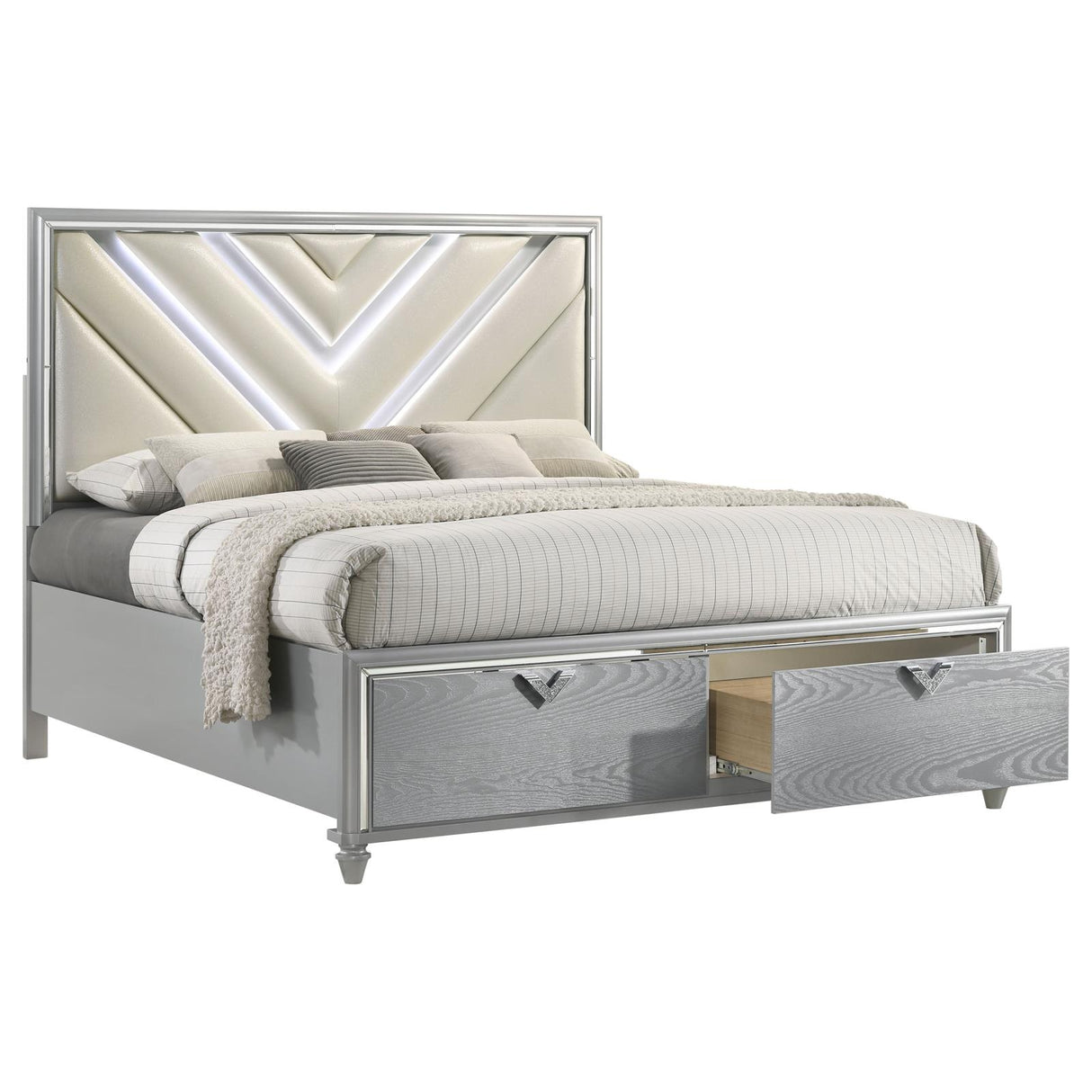 Veronica Eastern King Platform Storage Bed with Upholstered LED Headboard Light Silver - 224721KE - Luna Furniture