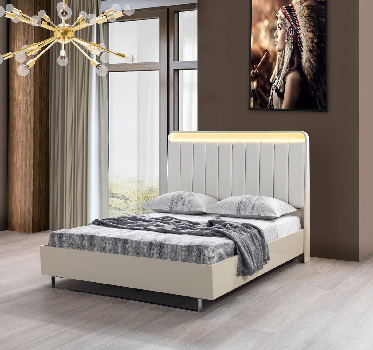 Viola Cream High Gloss Lacquer 4-Piece Queen Bedroom Set - VIOLABEDROOM-4PCQ - Luna Furniture